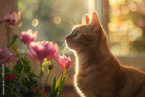 Cat pet on a sunny day in nature against a background of flowers