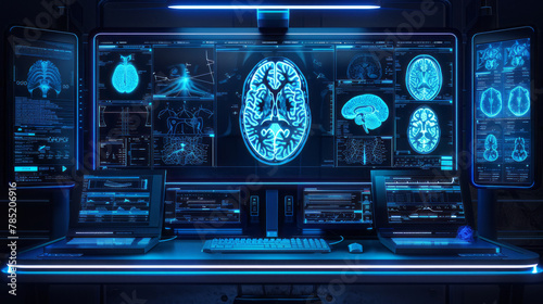 Advanced medical imaging technology in neon blue showcasing a series of brain MRI scans