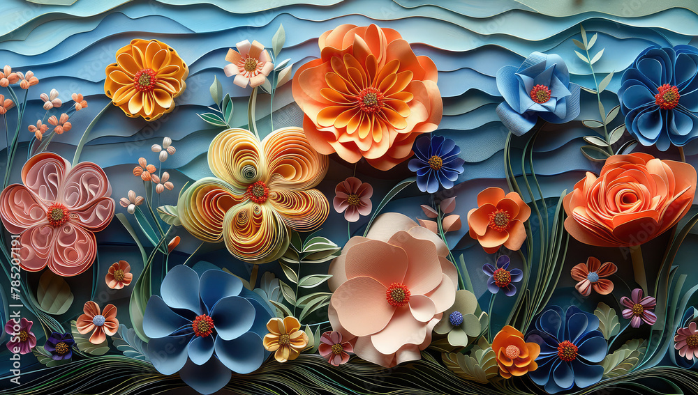  A large wall mural with flowers in shades of blue and orange, creating an enchanting floral background for interior design. Created with Ai