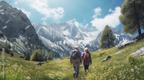 senior couple hiking high in the mountains, generative ai
