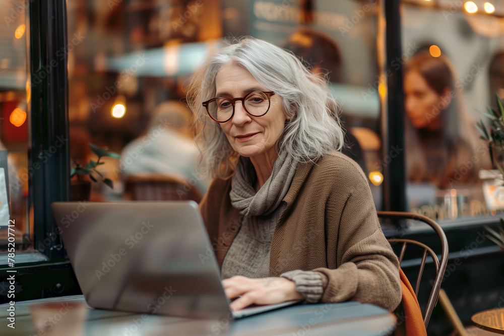 Old lady working at laptop communicating or doing networking business