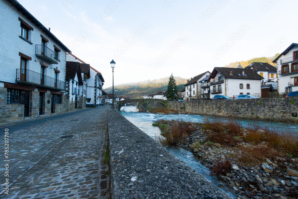 A small town with a river running through it Ochagavia Navarre Spain. touristic village