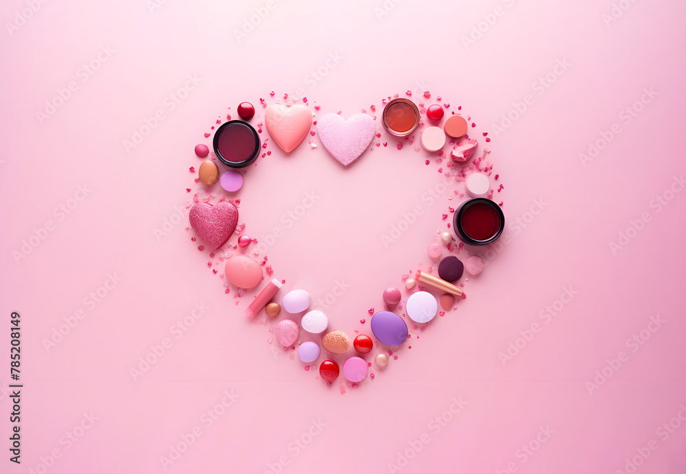 Heart shape of set of different various cosmetic eye shadows, soap, lipstick, body gel or cream, lip gel, balm, balsam. Beauty products for personal care. Organic cosmetics, eyeshadow, pink background