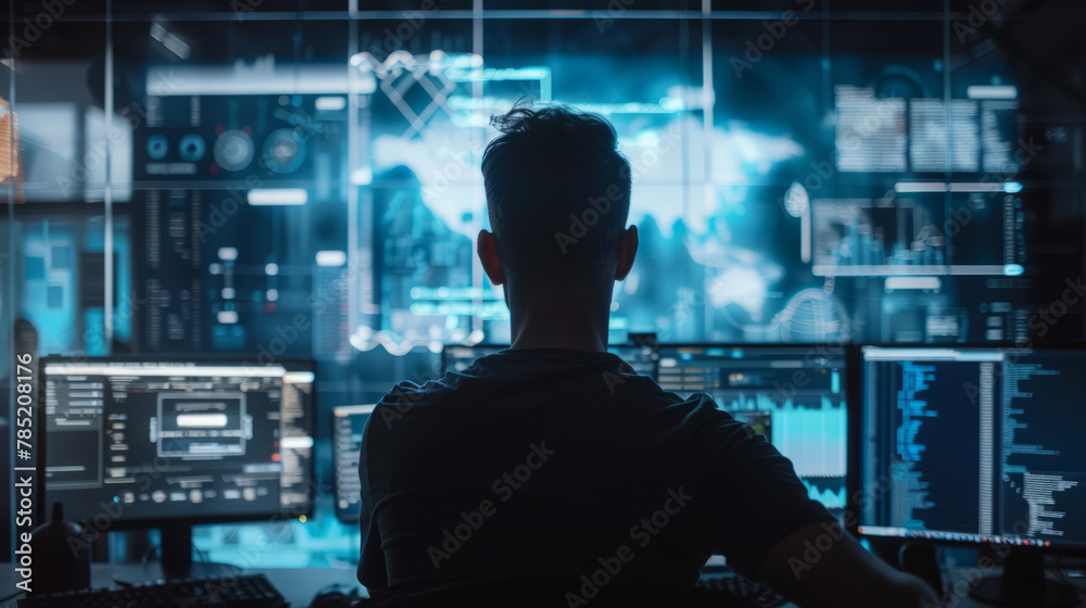 Business man using AI technology for data analysis, coding computer language with digital brain Business man using AI technology for data analysis, coding computer language with digital brain