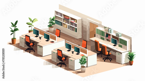 3D office interior work place computers tables and cab