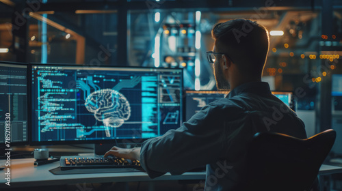 Business man using AI technology for data analysis, coding computer language with digital brain photo