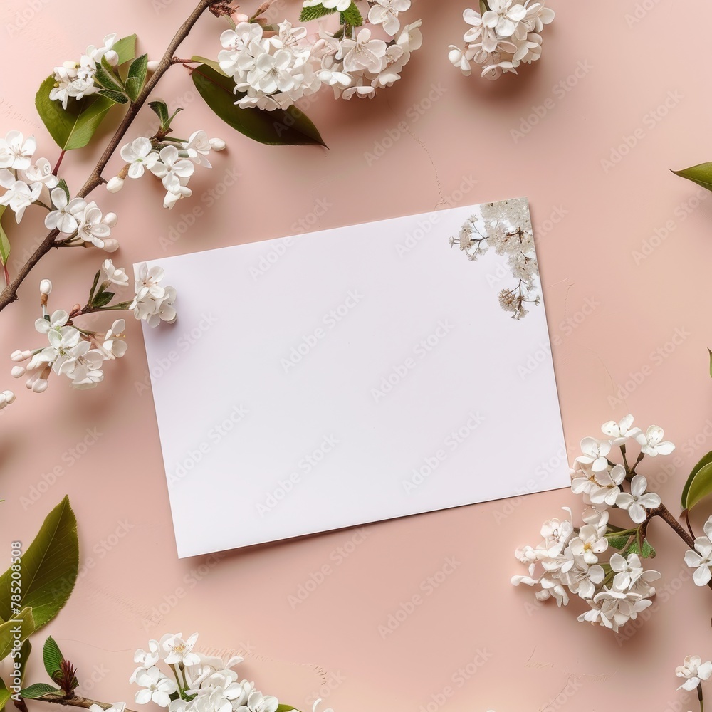 Blank notepaper with white cherry blossom flowers on a pink background