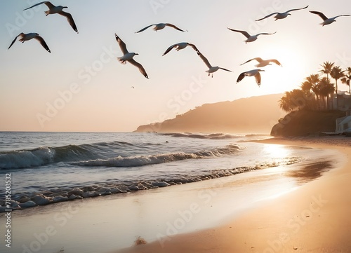 Seagulls Flying Over the Shoreline at Dawn. The early morning light softly illuminates the beach  with seagulls in mid-flight over the gentle waves. The tranquility of the scene  with the soft colors 