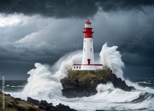 lighthouse standing tall on the coast, overlooking a stormy sea. The waves are crashing against the shore with intensity, and dark clouds loom overhead. The lighthouse emits a powerful beam of light