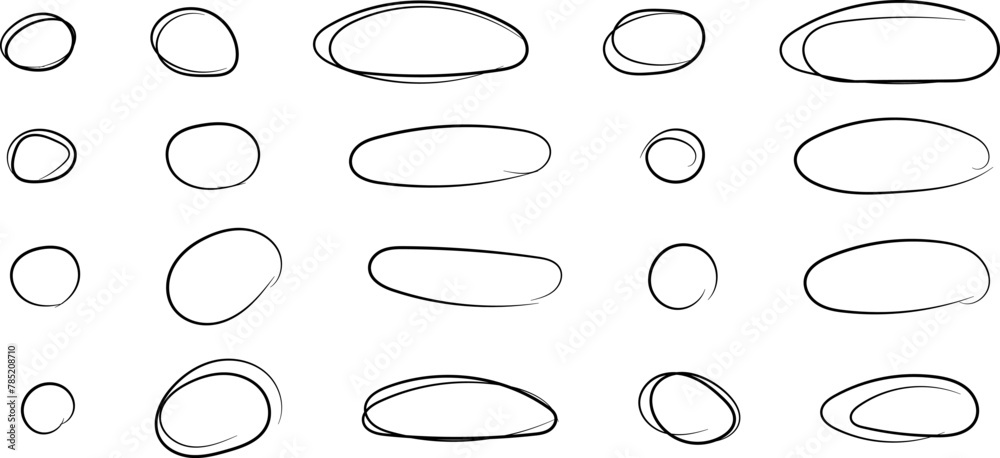 Set of hand drawn doodle ellipses. Hand drawn doodle circle highlights. Brush marker pen round ovals. Round scrawl frames. Vector illustration of freehand painted circular notes. Marker round elements - obrazy, fototapety, plakaty 