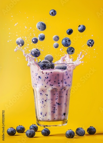 Blueberry falling into the glass, juice and fresh blueberries fruit isolated on yellow background.