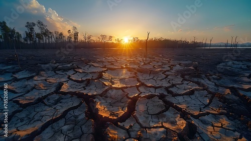 Sunset Over Parched Land: A Testament to Climate Change. Concept Environmental Degradation, Climate Crisis, Natural Landscapes, Global Warming