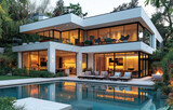 A sleek, modern two-story house with large glass windows and white walls, featuring an outdoor pool area and garden. The interior is well-lit with warm lighting, showcasing contemporary furniture.