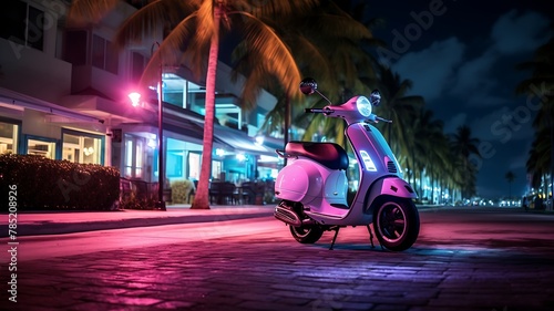 Classic scooter parked in Miami Beach at night