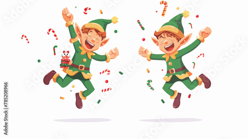 Jumping Christmas elf isolated with sweets in a green