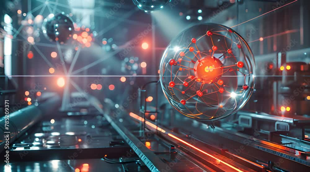 Visualization of an antimatter molecule in a high   security lab, glowing containment fields, dark futuristic setting