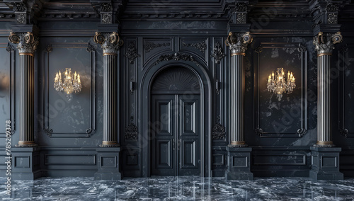 Black wall background, classical style interior design, door and columns with chandeliers on the walls, marble floor. Created with Ai photo