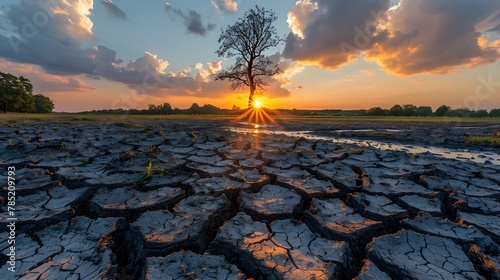 Sunset Over Parched Earth: A Stark Warning of Climate Change. Concept Climate Change, Environment, Sustainable Living, Consequences, Awareness