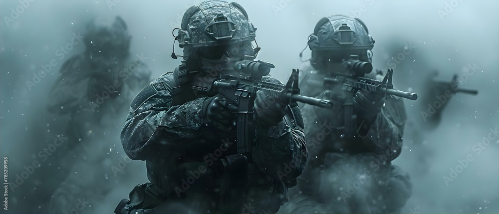 Digital Battleground: Soldiers in a Haze of Survival. Concept Military Strategy, Virtual Warfare, Survival Tactics, Artificial Intelligence, Team Coordination Digital Battleground: Soldiers in a Haze of Survival. Concept Military Strategy, Virtual Warfare, Survival Tactics, Artificial Intelligence, Team Coordination