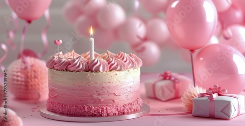 Birthday Cake With Pink Frosting and Lit Candle