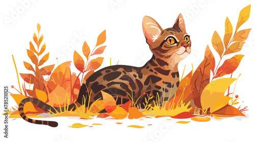 A Bengal kitten exploring an autumn lawn flat vector illustration