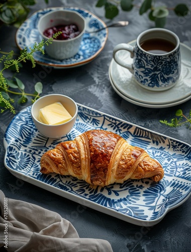 A Croissant and Coffee on Blue and White Plate