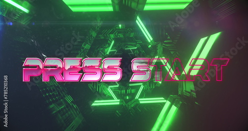 Image of press start text banner over neon green glowing tunnel spinning in seamless pattern