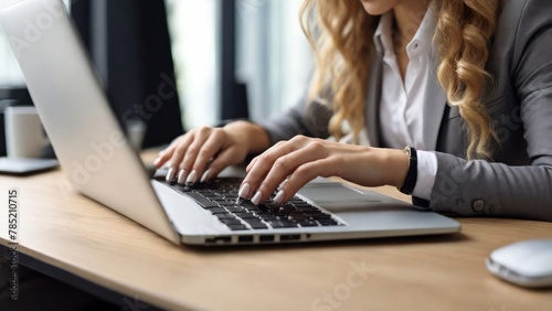 Close up of Business woman hands typing on laptop computer keyboard, surfing the internet at the office with copy space for web banner, Woman worker and business concept.