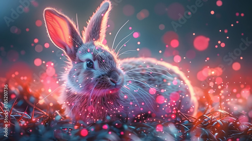An easter greeting card design with a bunny and an easter egg in a digital tech style. Futuristic modern illustration with a light effect.