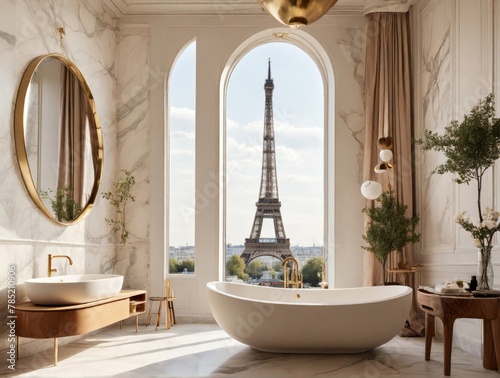 Parisian apartment, bathroom with modern retro furnitures. Eifel tower view.  photo