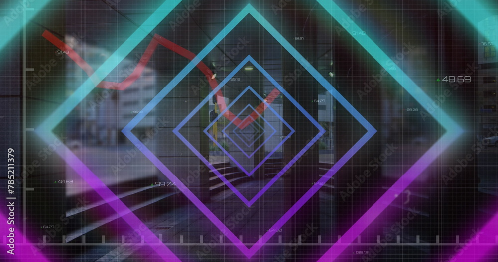 Image of neon squares and financial data over timelapse with city life Image of neon squares and financial data over timelapse with city life