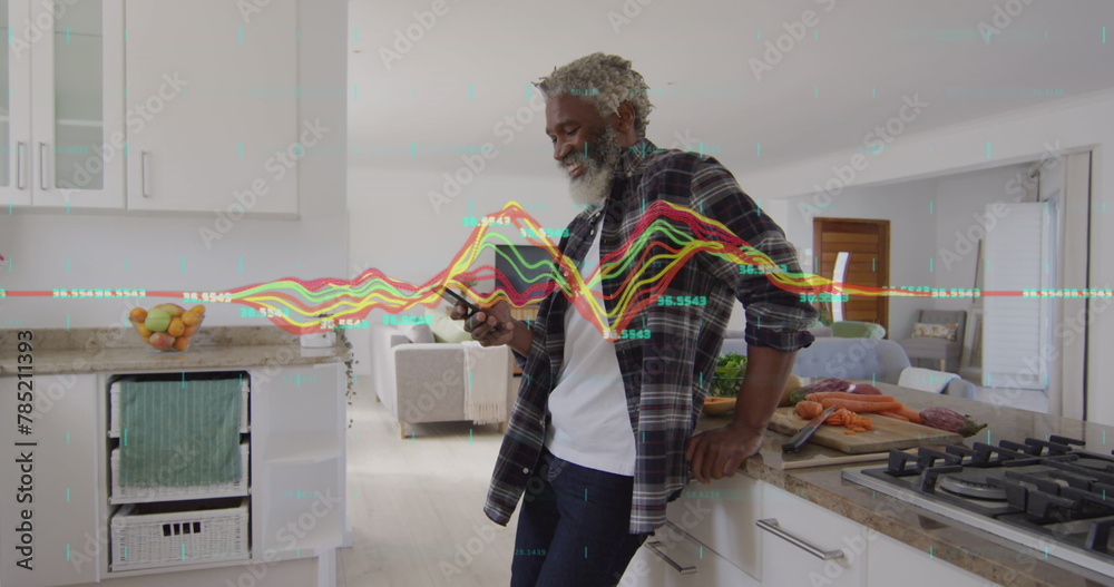 Image of data processing over african american businessman using smartphone Image of data processing over african american businessman using smartphone