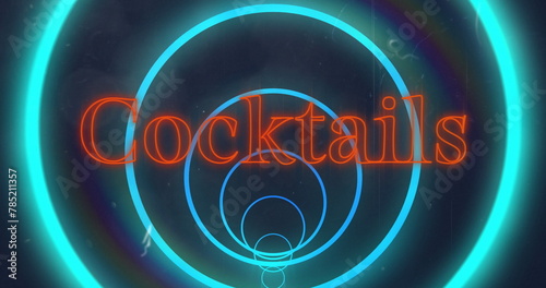 Image of neon orange cocktail text banner over circular tunnel in seamless pattern