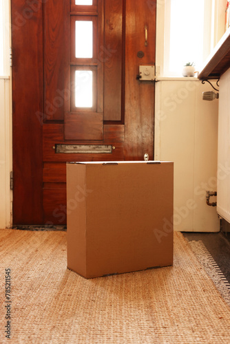 Delivery service. Cardboard on rug near wooden door indoors © New Africa