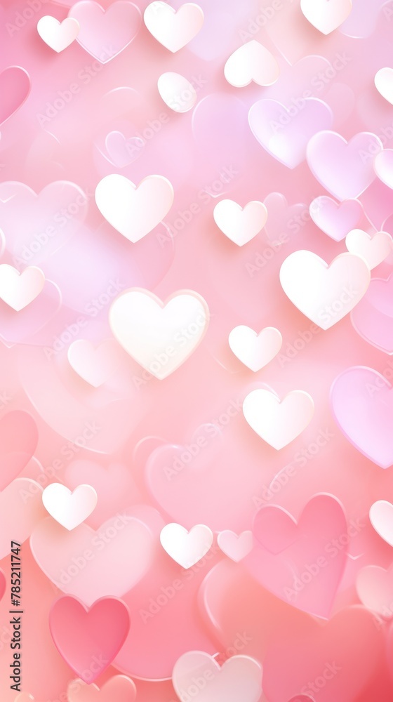 Light pink background with white hearts, Valentine's Day banner with space for copy, pink gradient, softly focused edges, blurred