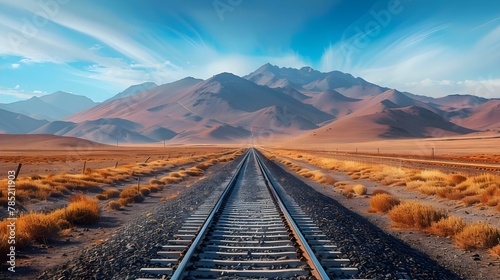 Railway to Infinity Through Desert Peaks. Concept Desert Landscapes, Train Journeys, Infinite Horizons, Travel Photography, Remote Destinations