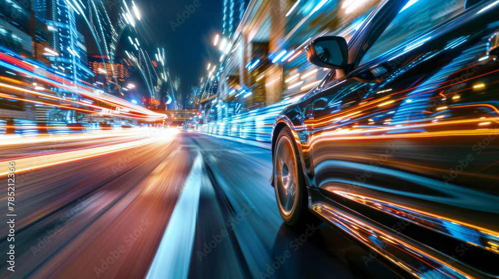 Rear view of Futuristic Car with high fast and speed through neon mega cyber city background, High acceleration car on tack with glowing light trails, night scene neon. Rear view of Futuristic Car with high fast and speed through neon mega cyber city background, High acceleration car on tack with glowing light trails, night scene neon.