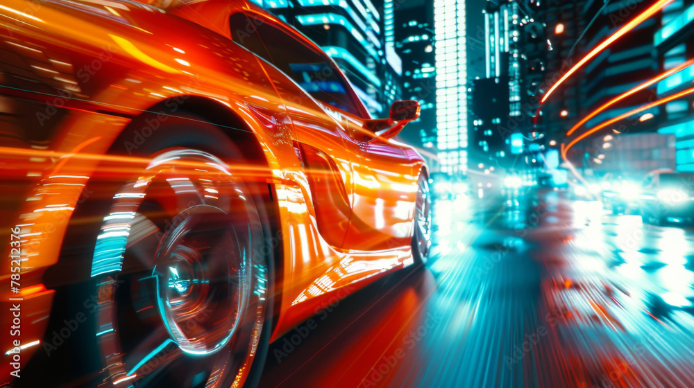 © TANATPON - Rear view of Futuristic Car with high fast and speed through neon mega cyber city background, High acceleration car on tack with glowing light trails, night scene neon.