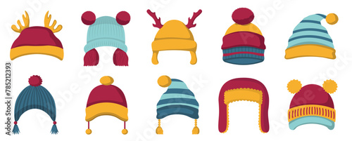 Ski skate winter cap collection, colorful knitted hats flat design vector illustration, autumn headwear set isolated on white background
