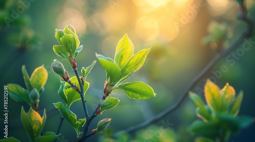 Fresh buds on trees, vibrant forest, close-up, low angle, soft morning light of spring renewal 