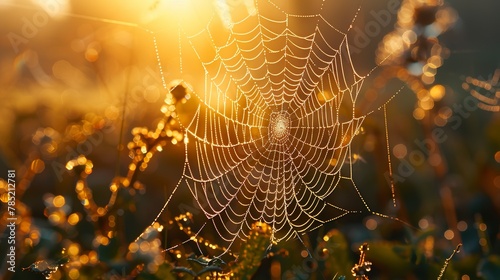Sparkling dew on spider web, close-up, straight-on angle, forest dawn, spring awakening 