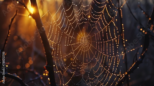 Sparkling dew on spider web, close-up, straight-on angle, forest dawn, spring awakening