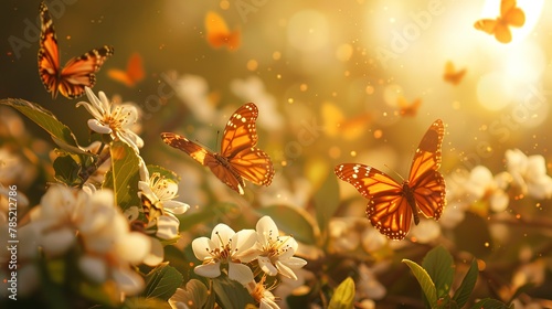 Butterflies over blossoms, forest background, close-up, high-angle, bright midday spring sun