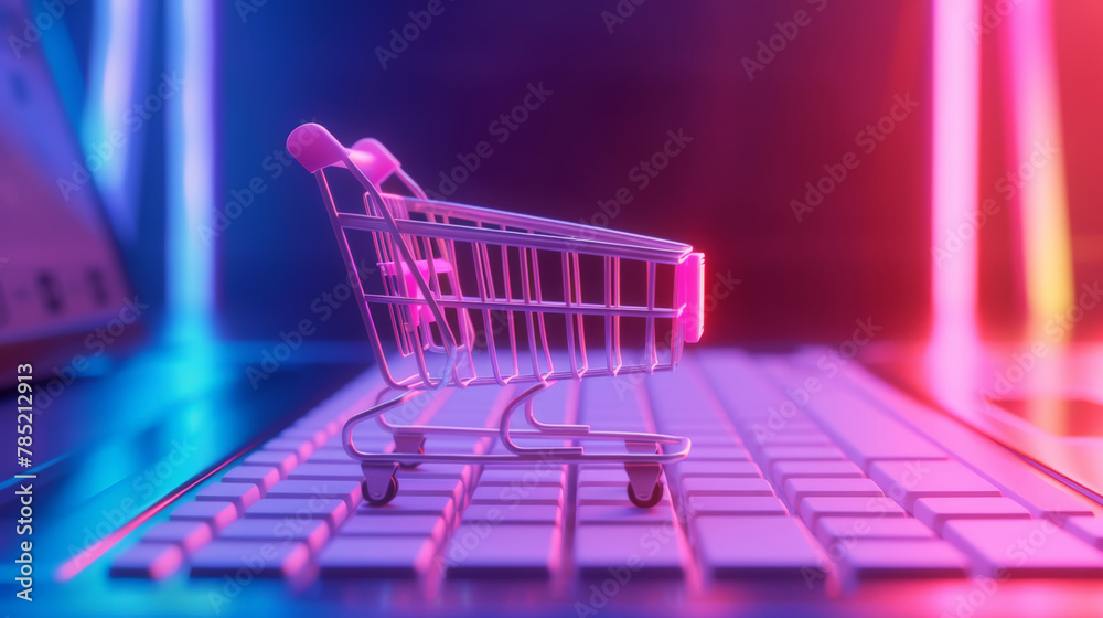 Online shopping concept, small shopping cart stands on keyboard on trendy neon background. E-commerce. Generative AI