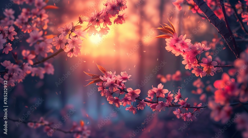 Cherry blossoms, foreground with deep forest, close-up, eye-level, warm, soft spring sunset 
