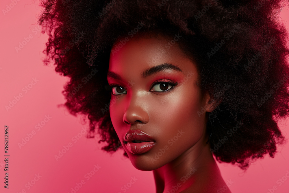 portrait of a afro black beautiful woman with curly hair and pink background portrait of a afro black beautiful woman with curly hair and pink background