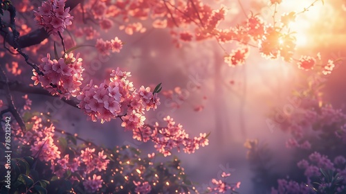 Cherry blossoms, foreground with deep forest, close-up, eye-level, warm, soft spring sunset