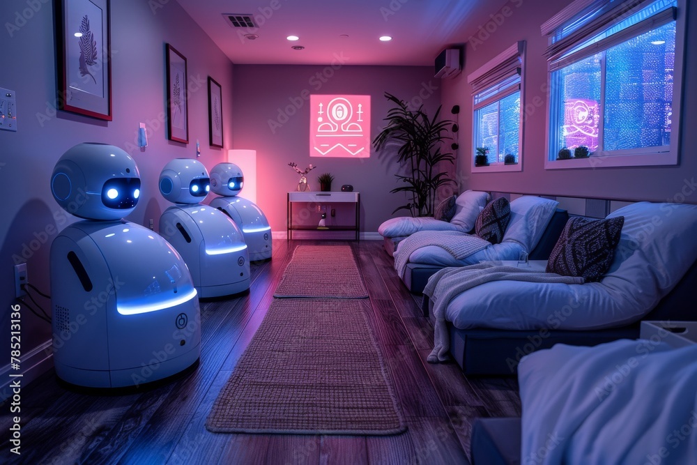 Fototapeta premium Futuristic therapy room featuring robots and calming neon lights