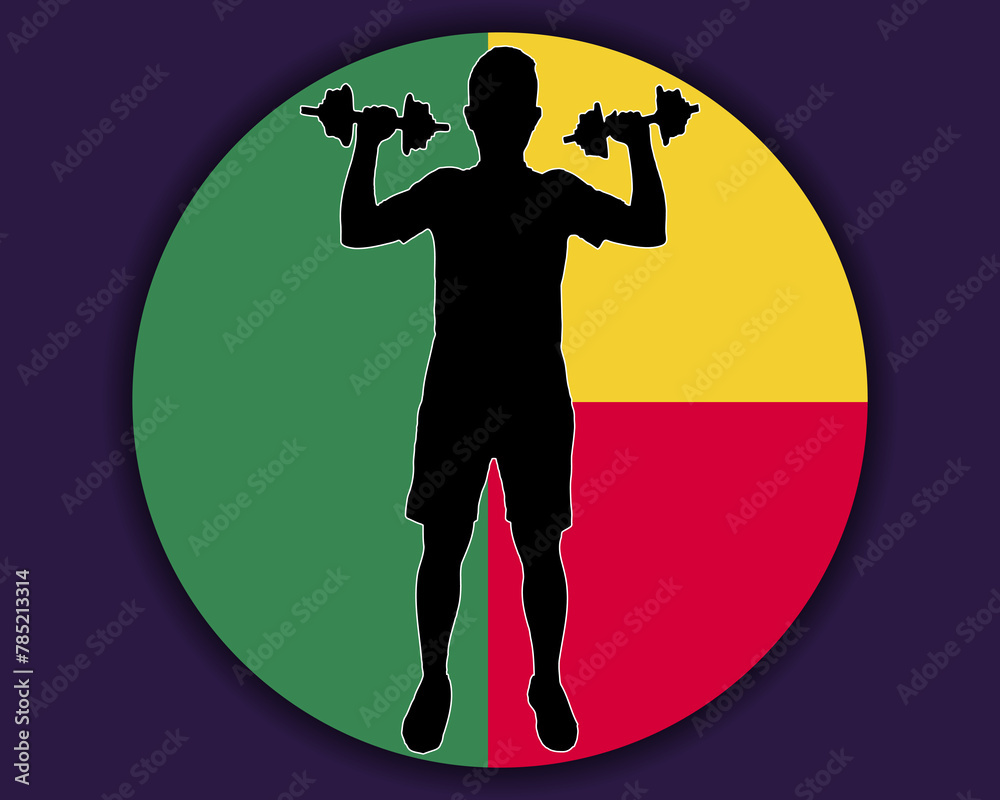Athlete with dumbbells front of Benin flag, bodybuilder silhouette vector Athlete with dumbbells front of Benin flag, bodybuilder silhouette vector