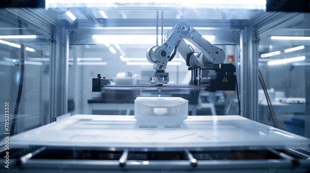 Advanced robotic arm operating a 3D printer in a high-tech industrial setting